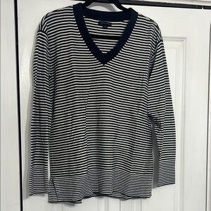 Tommy Hilfiger Blue and White Striped V-Neck Sweater